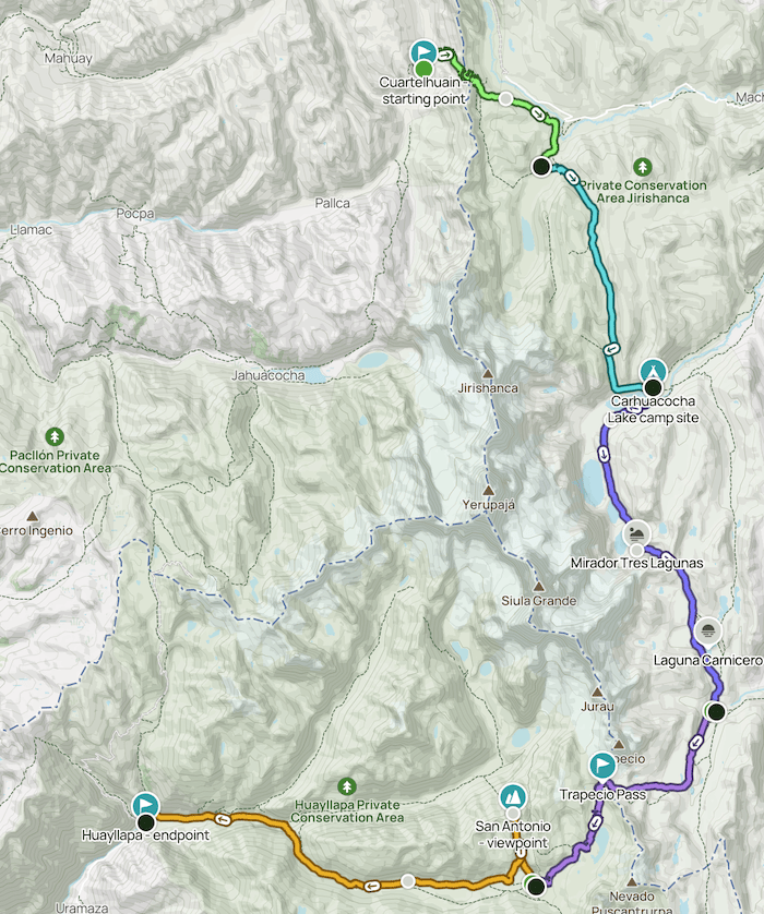 Huayhuash Trek 6 days complete trek route map