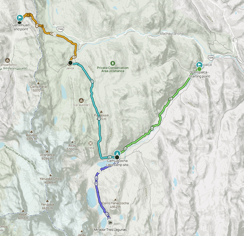 Mini Huayhuash Trek 4 days complete trek route map