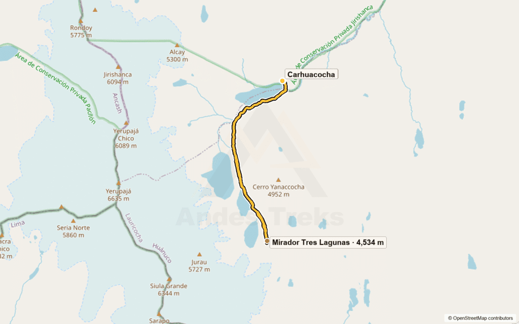 Route map for day 2: Carhuacocha – Laguna Siulacocha – Mirador Tres Lagunas – Carhuacocha