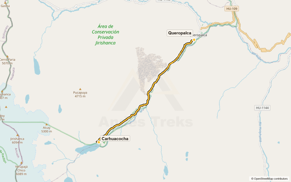 Route map for day 1: Huaraz – Queropalca – Carhuacocha