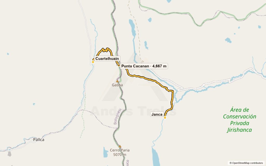 Route map for day 4: Janca (Mitucocha) – Punta Cacanan – Cuartelhuain – Huaraz