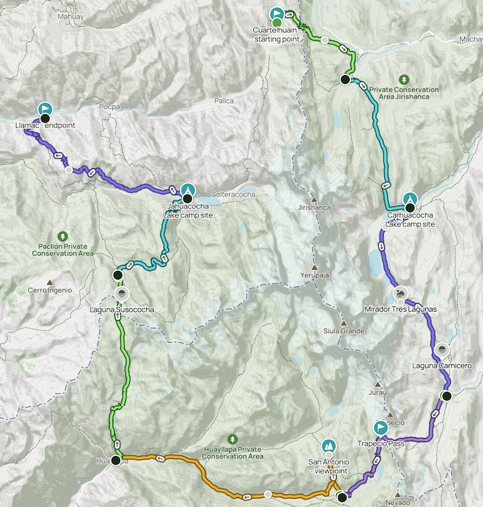 Huayhuash Trek 8 days complete trek route map