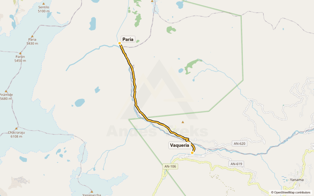 Route map for day 1: Huaraz – Yungay – Llanganuco – Portachuelo – Vaqueria – Paria