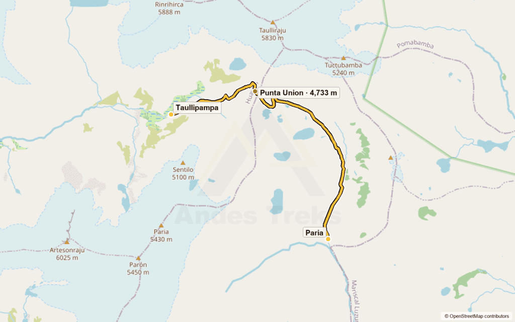 Route map for day 2: Paria – Morococha – Punta Union – Taullipampa
