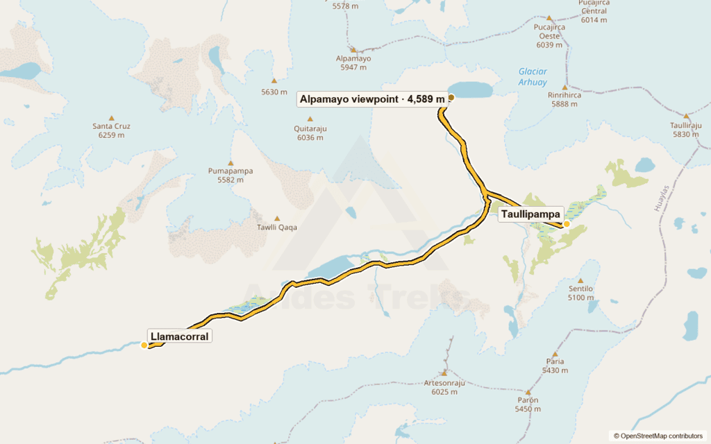 Route map for day 3: Taullipampa – Alpamayo Base Camp – Laguna Arhuaycocha – Jatuncocha – Llamacorral